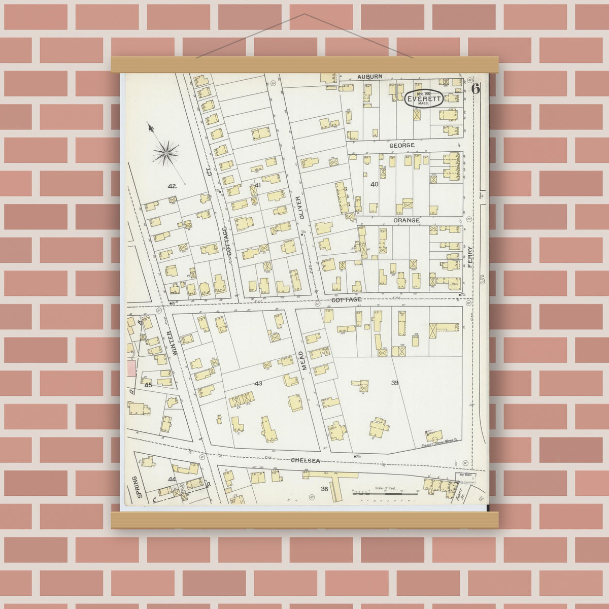 Old map wall art mockup — magnetic wood frame on brick wall — Sanborn Fire Insurance Map from Everett, Middlesex County, Massachusetts (1892), Sheet #0006
