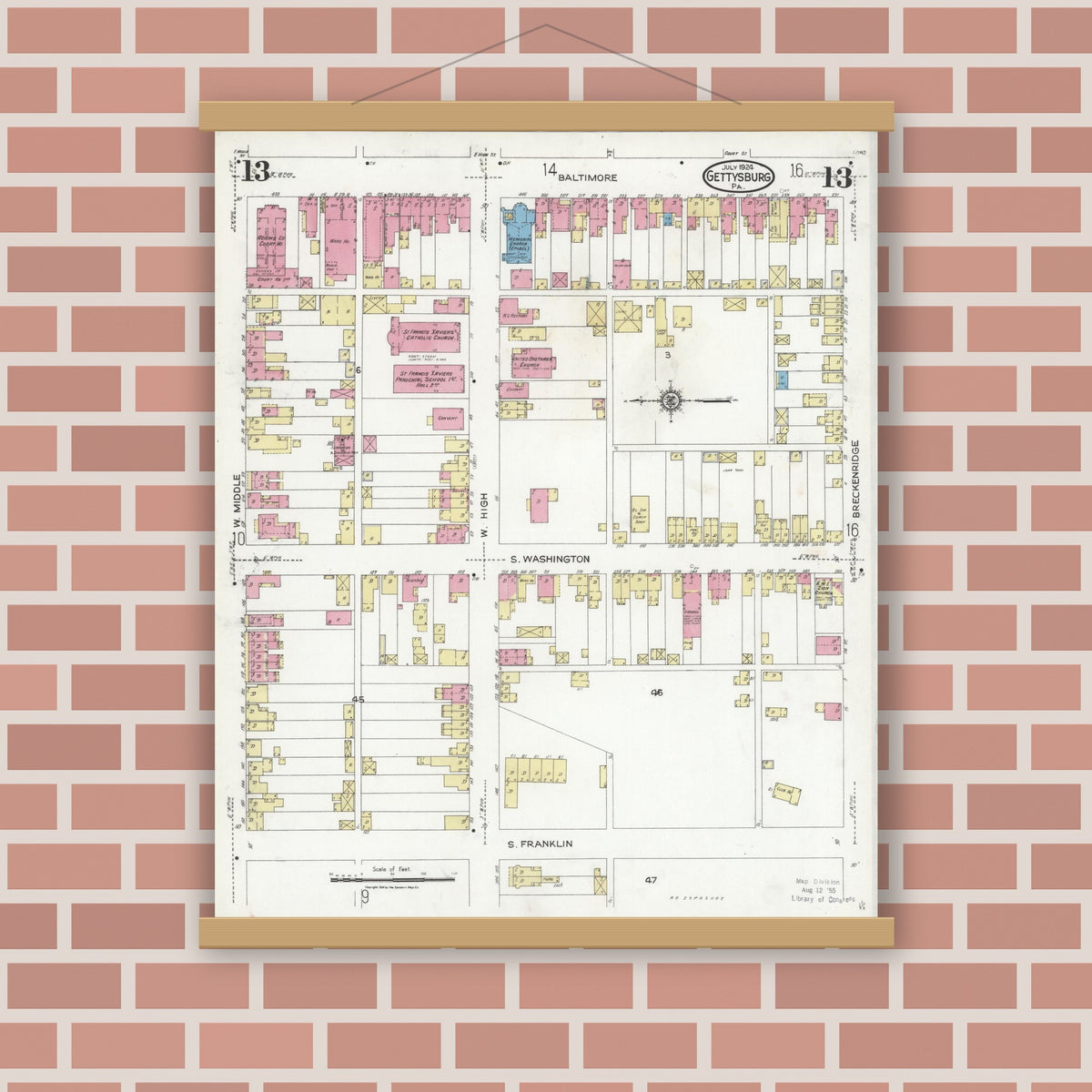 Old map wall art mockup — magnetic wood frame on brick wall — Sanborn Fire Insurance Map from Gettysburg, Adams County, Pennsylvania (1924), Sheet #0013