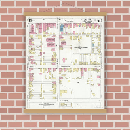 Old map wall art mockup — magnetic wood frame on brick wall — Sanborn Fire Insurance Map from Gettysburg, Adams County, Pennsylvania (1924), Sheet #0013