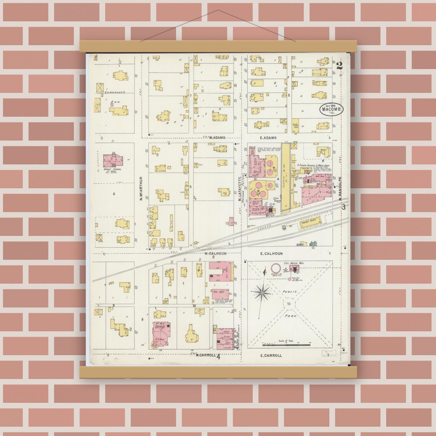 Old map wall art mockup — magnetic wood frame on brick wall — Sanborn Fire Insurance Map from Macomb, Mcdonough County, Illinois (1898), Sheet #0002