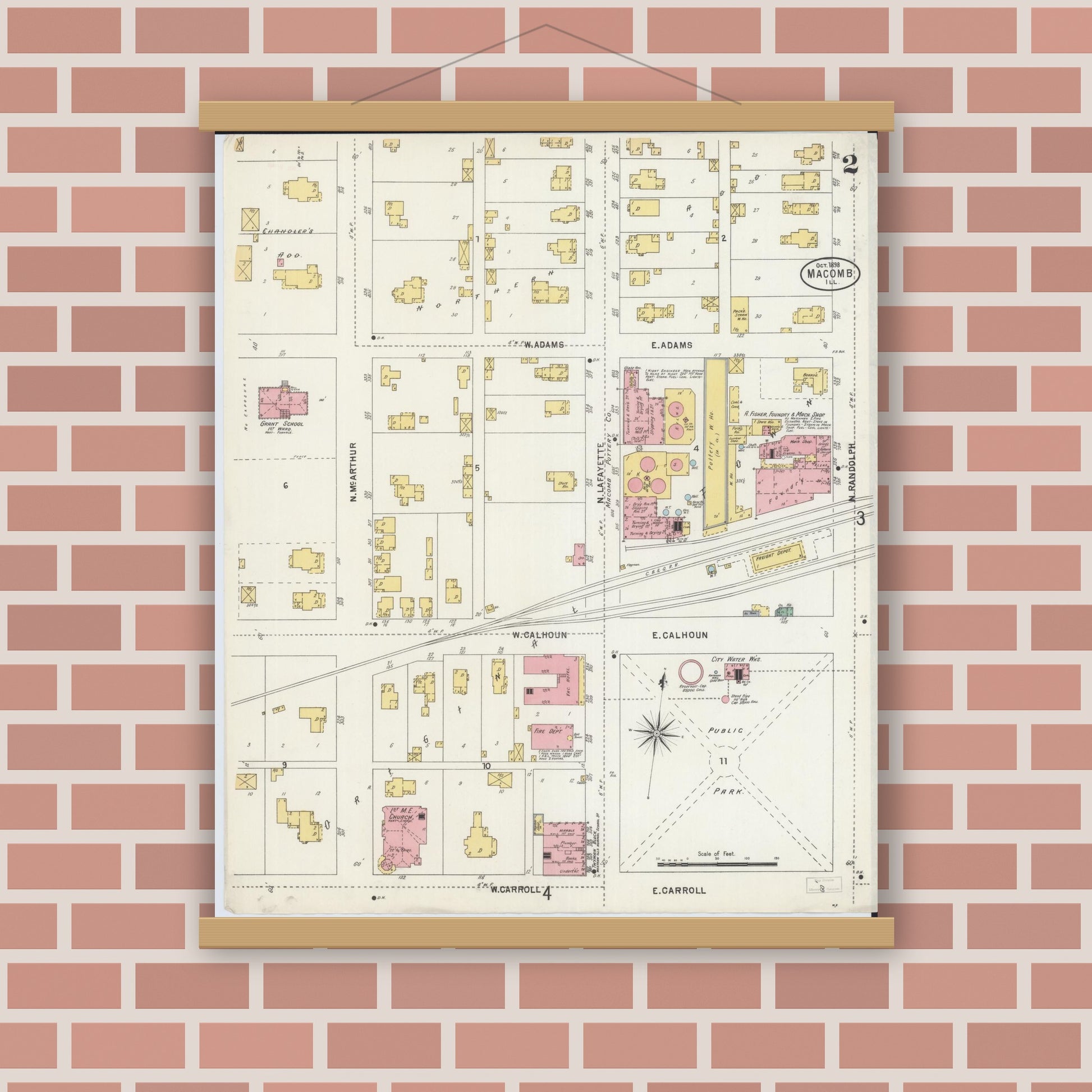 Old map wall art mockup — magnetic wood frame on brick wall — Sanborn Fire Insurance Map from Macomb, Mcdonough County, Illinois (1898), Sheet #0002