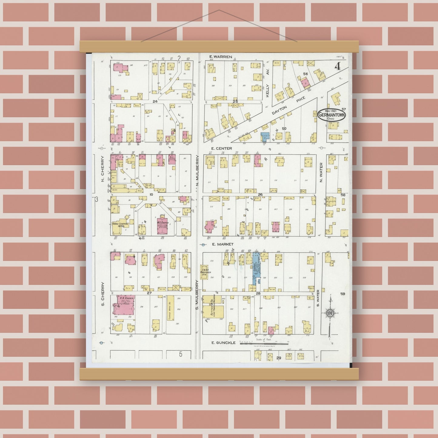 Old map wall art mockup — magnetic wood frame on brick wall — Sanborn Fire Insurance Map from Germantown, Montgomery County, Ohio (1921), Sheet #0004