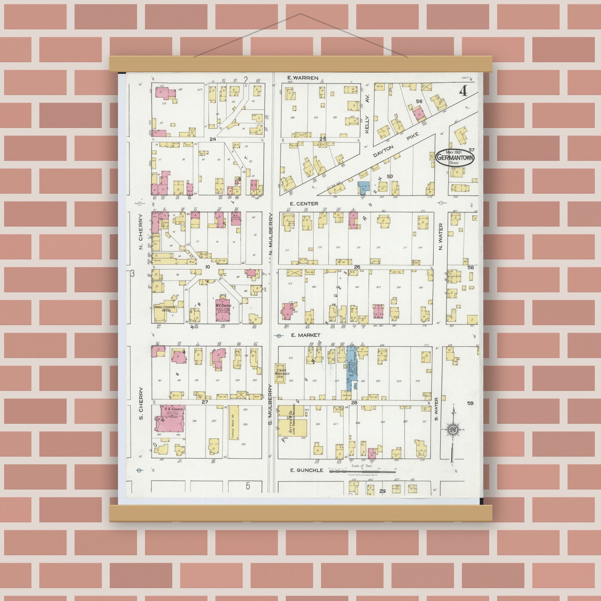 Old map wall art mockup — magnetic wood frame on brick wall — Sanborn Fire Insurance Map from Germantown, Montgomery County, Ohio (1921), Sheet #0004