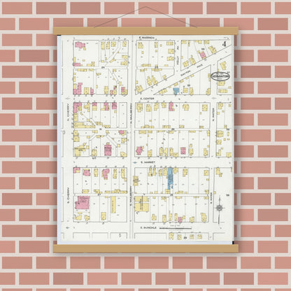 Old map wall art mockup — magnetic wood frame on brick wall — Sanborn Fire Insurance Map from Germantown, Montgomery County, Ohio (1921), Sheet #0004