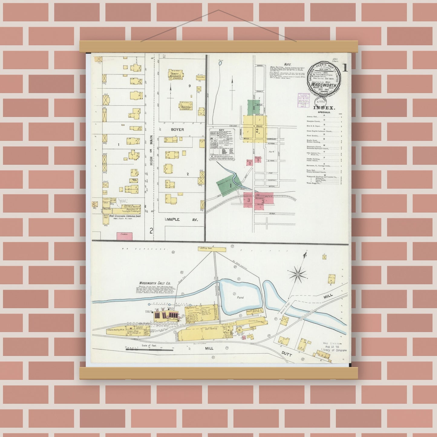 Old map wall art mockup — magnetic wood frame on brick wall — Sanborn Fire Insurance Map from Wadsworth, Medina County, Ohio (1901), Sheet #0001