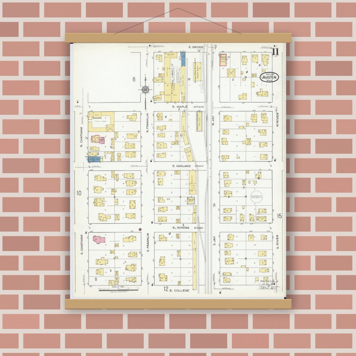Old map wall art mockup — magnetic wood frame on brick wall — Sanborn Fire Insurance Map from Austin, Mower County, Minnesota (1917), Sheet #0011