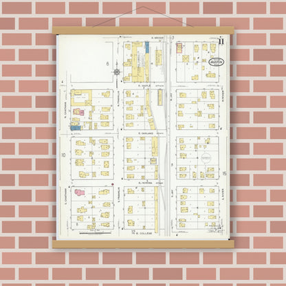 Old map wall art mockup — magnetic wood frame on brick wall — Sanborn Fire Insurance Map from Austin, Mower County, Minnesota (1917), Sheet #0011