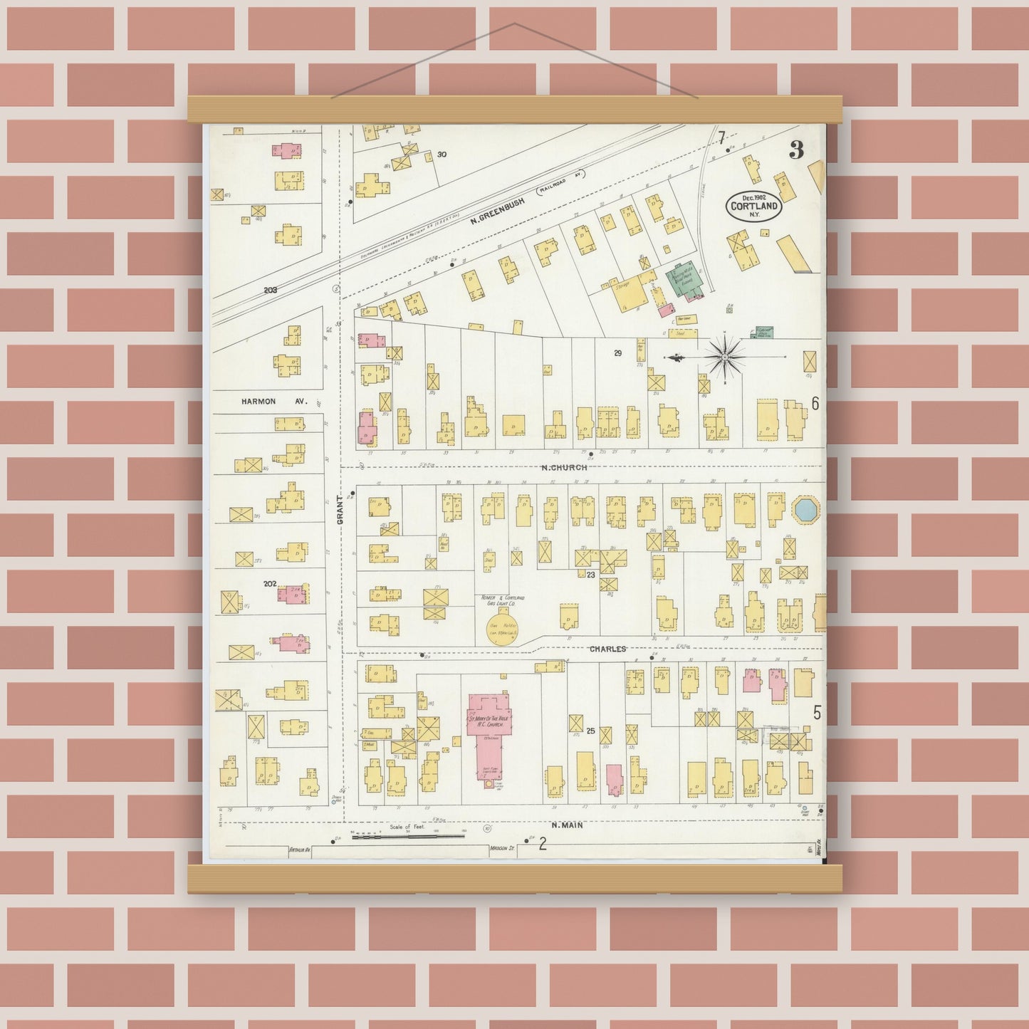 Old map wall art mockup — magnetic wood frame on brick wall — Sanborn Fire Insurance Map from Cortland, Cortland County, New York (1902), Sheet #0003