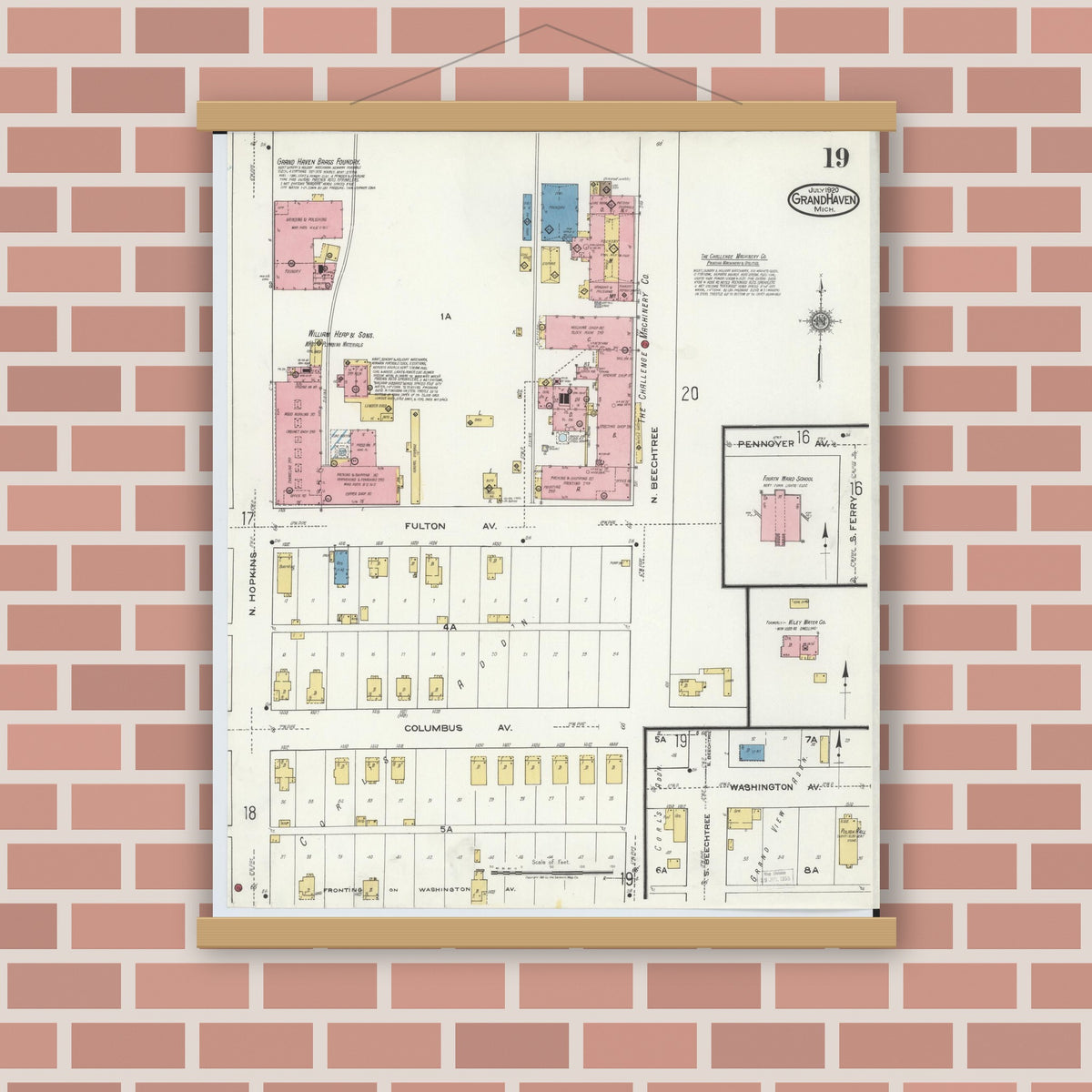 Old map wall art mockup — magnetic wood frame on brick wall — Sanborn Fire Insurance Map from Grand Haven, Ottawa County, Michigan (1920), Sheet #0019