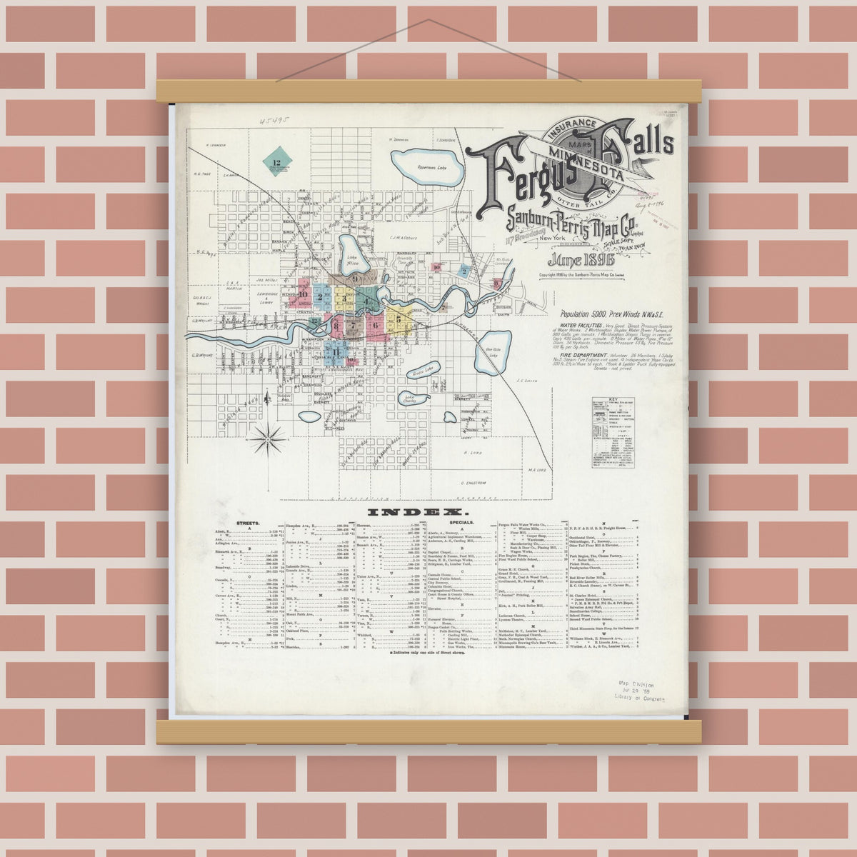 Old map wall art mockup — magnetic wood frame on brick wall — Sanborn Fire Insurance Map from Fergus Falls, Otter Tail County, Minnesota (1896) - Complete Map Set