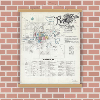 Old map wall art mockup — magnetic wood frame on brick wall — Sanborn Fire Insurance Map from Fergus Falls, Otter Tail County, Minnesota (1896) - Complete Map Set