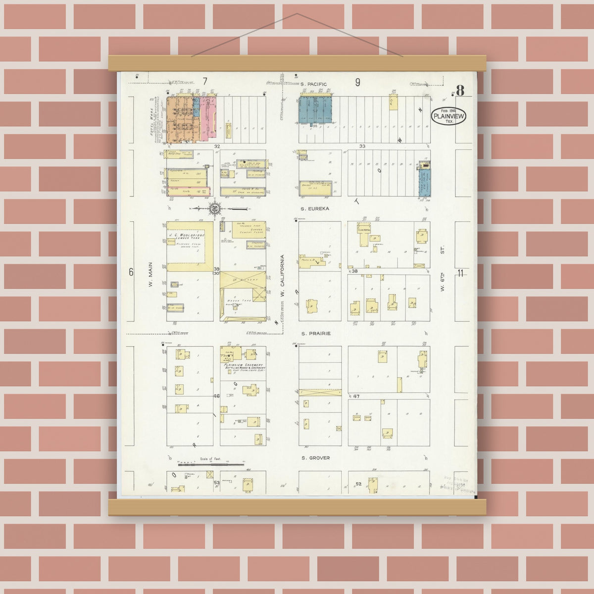 Old map wall art mockup — magnetic wood frame on brick wall — Sanborn Fire Insurance Map from Plainview, Hale County, Texas (1914), Sheet #0008