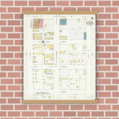 Old map wall art mockup — magnetic wood frame on brick wall — Sanborn Fire Insurance Map from Plainview, Hale County, Texas (1914), Sheet #0008