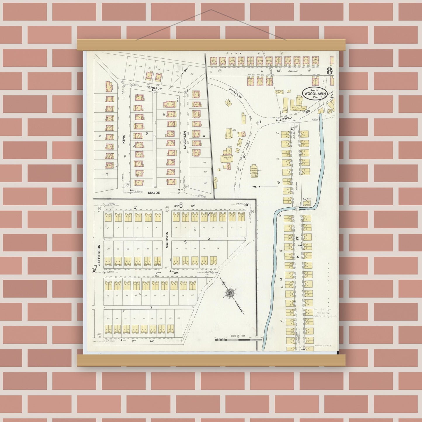 Old map wall art mockup — magnetic wood frame on brick wall — Sanborn Fire Insurance Map from Woodlawn, Beaver County, Pennsylvania (1911), Sheet #0008