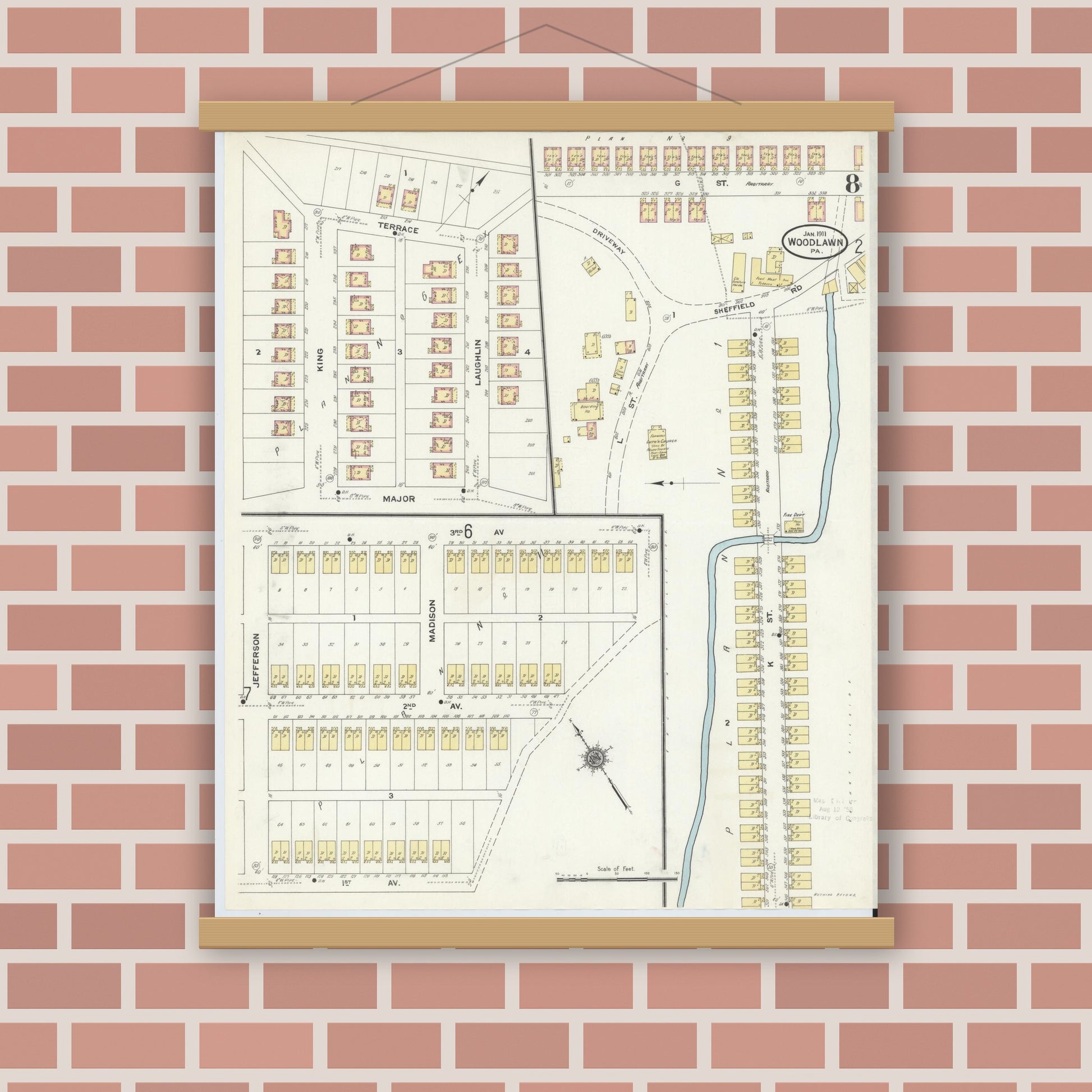 Old map wall art mockup — magnetic wood frame on brick wall — Sanborn Fire Insurance Map from Woodlawn, Beaver County, Pennsylvania (1911), Sheet #0008
