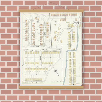 Old map wall art mockup — magnetic wood frame on brick wall — Sanborn Fire Insurance Map from Woodlawn, Beaver County, Pennsylvania (1911), Sheet #0008