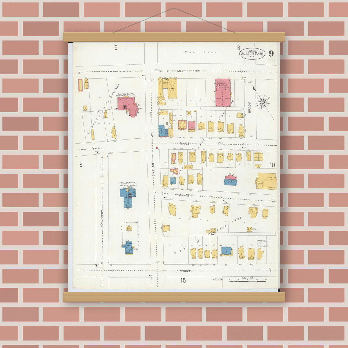 Old map wall art mockup — magnetic wood frame on brick wall — Sanborn Fire Insurance Map from Sault Sainte Marie, Chippewa County, Michigan (1906), Sheet #0009