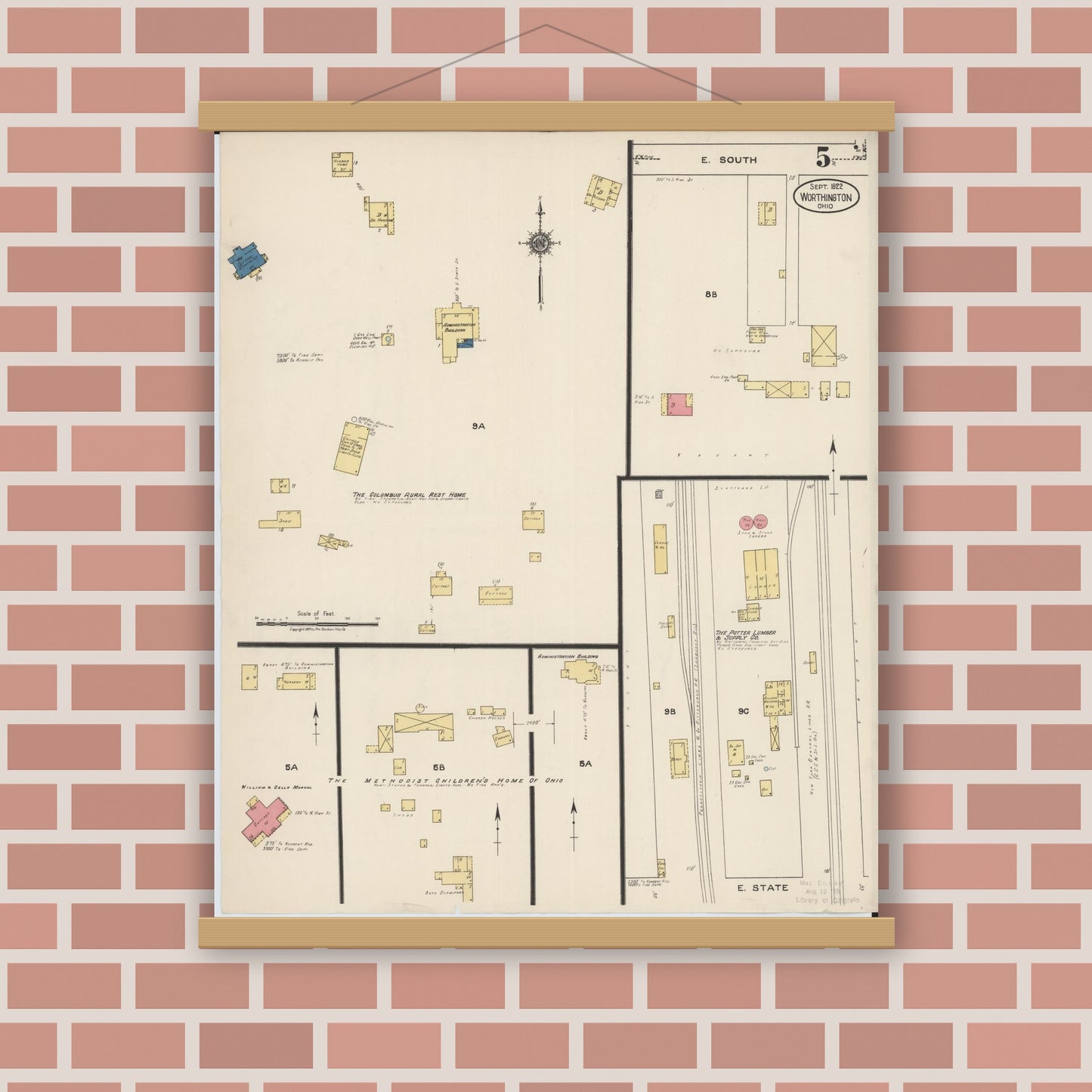 Old map wall art mockup — magnetic wood frame on brick wall — Sanborn Fire Insurance Map from Worthington, Franklin County, Ohio (1922), Sheet #0005