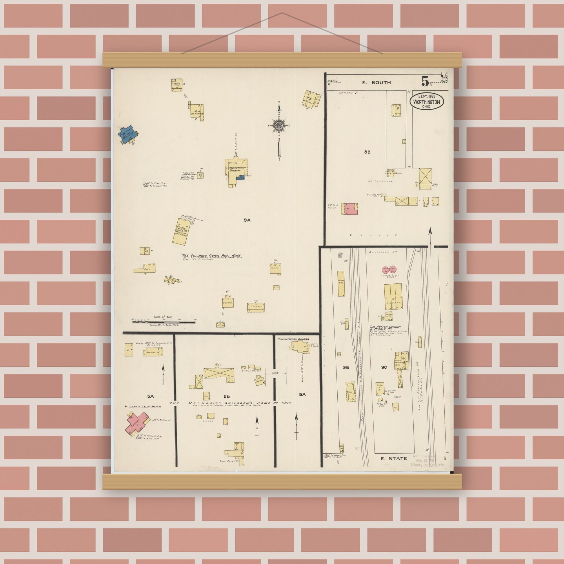 Old map wall art mockup — magnetic wood frame on brick wall — Sanborn Fire Insurance Map from Worthington, Franklin County, Ohio (1922), Sheet #0005