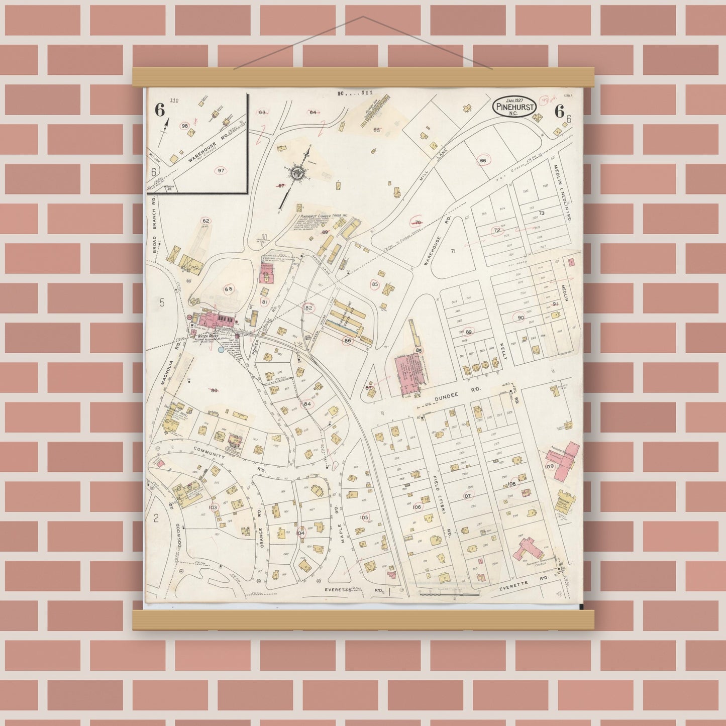 Old map wall art mockup — magnetic wood frame on brick wall — Sanborn Fire Insurance Map from Pinehurst, Moore County, North Carolina (1939), Sheet #0006
