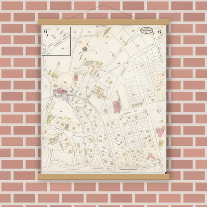 Old map wall art mockup — magnetic wood frame on brick wall — Sanborn Fire Insurance Map from Pinehurst, Moore County, North Carolina (1939), Sheet #0006