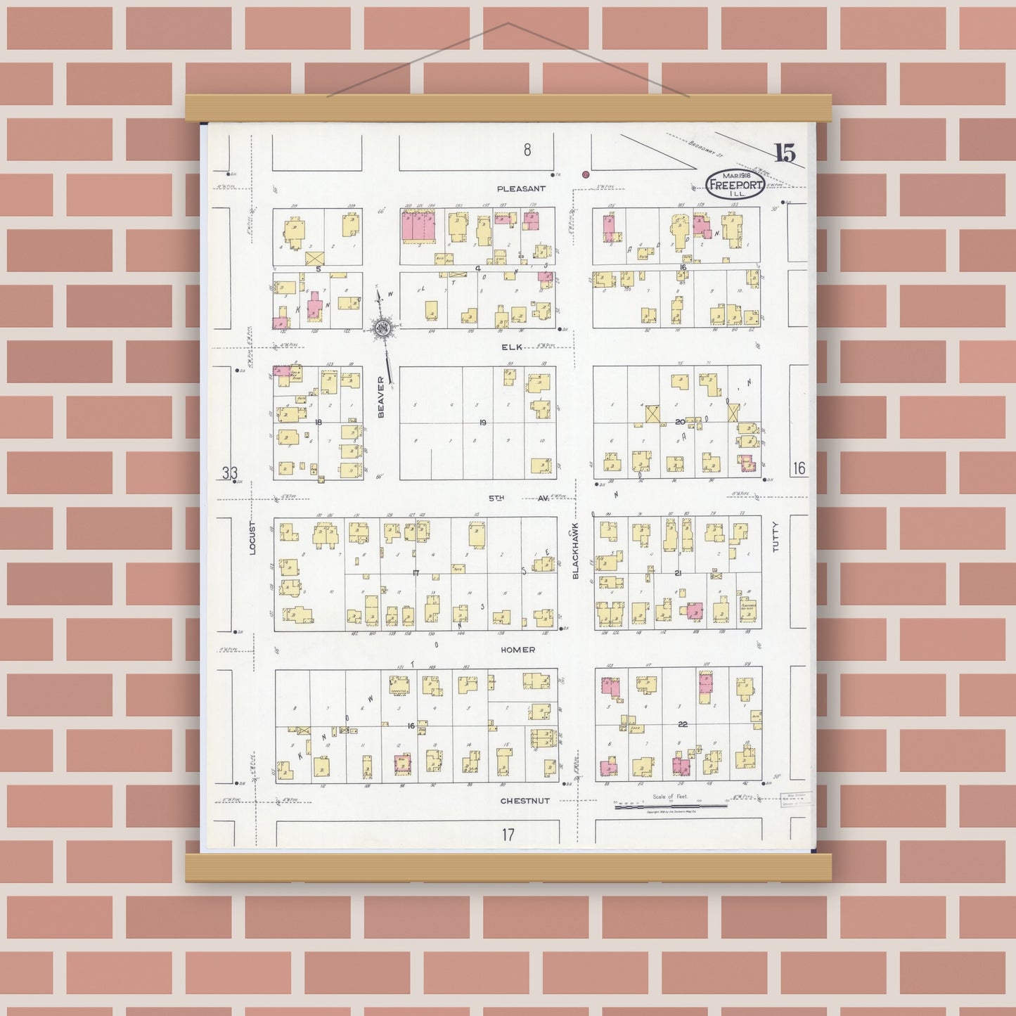 Old map wall art mockup — magnetic wood frame on brick wall — Sanborn Fire Insurance Map from Freeport, Stephenson County, Illinois (1918), Sheet #0015