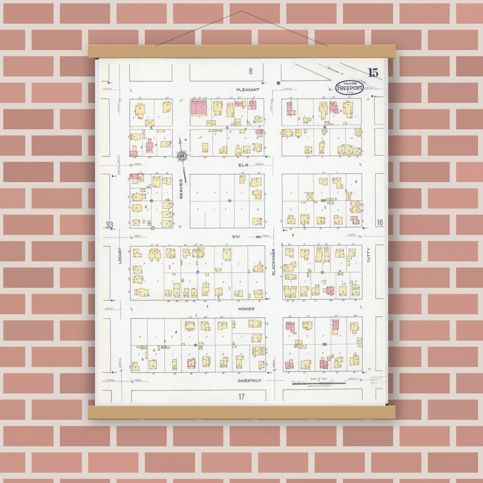 Old map wall art mockup — magnetic wood frame on brick wall — Sanborn Fire Insurance Map from Freeport, Stephenson County, Illinois (1918), Sheet #0015