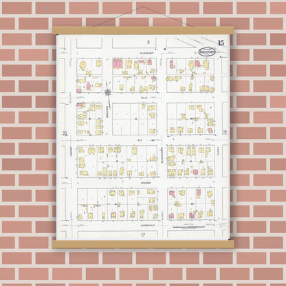Old map wall art mockup — magnetic wood frame on brick wall — Sanborn Fire Insurance Map from Freeport, Stephenson County, Illinois (1918), Sheet #0015