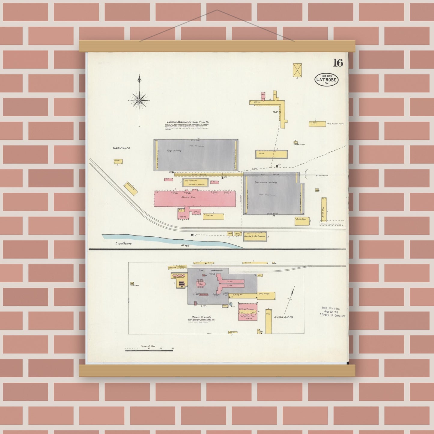 Old map wall art mockup — magnetic wood frame on brick wall — Sanborn Fire Insurance Map from Latrobe, Westmoreland County, Pennsylvania (1903), Sheet #0016