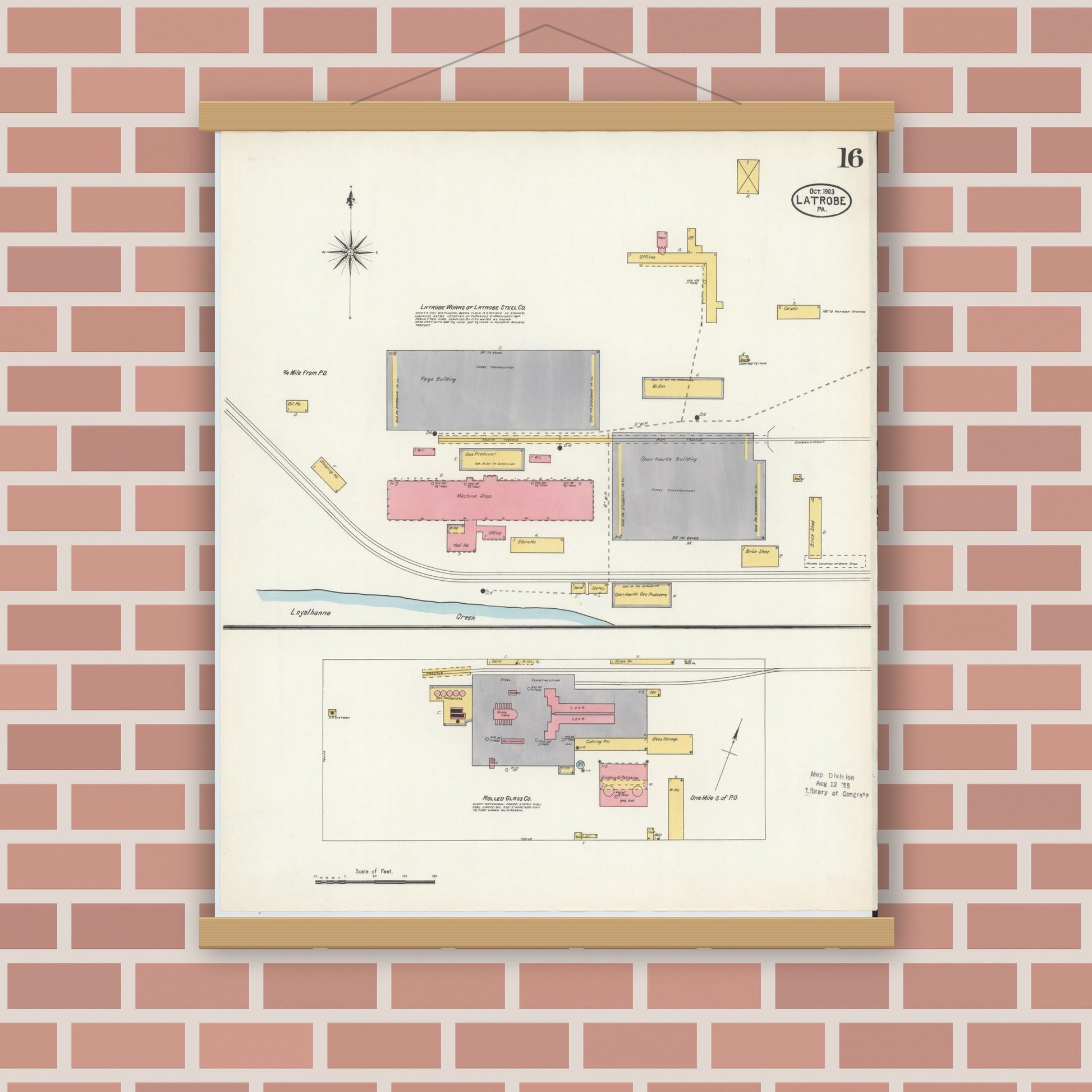 Old map wall art mockup — magnetic wood frame on brick wall — Sanborn Fire Insurance Map from Latrobe, Westmoreland County, Pennsylvania (1903), Sheet #0016