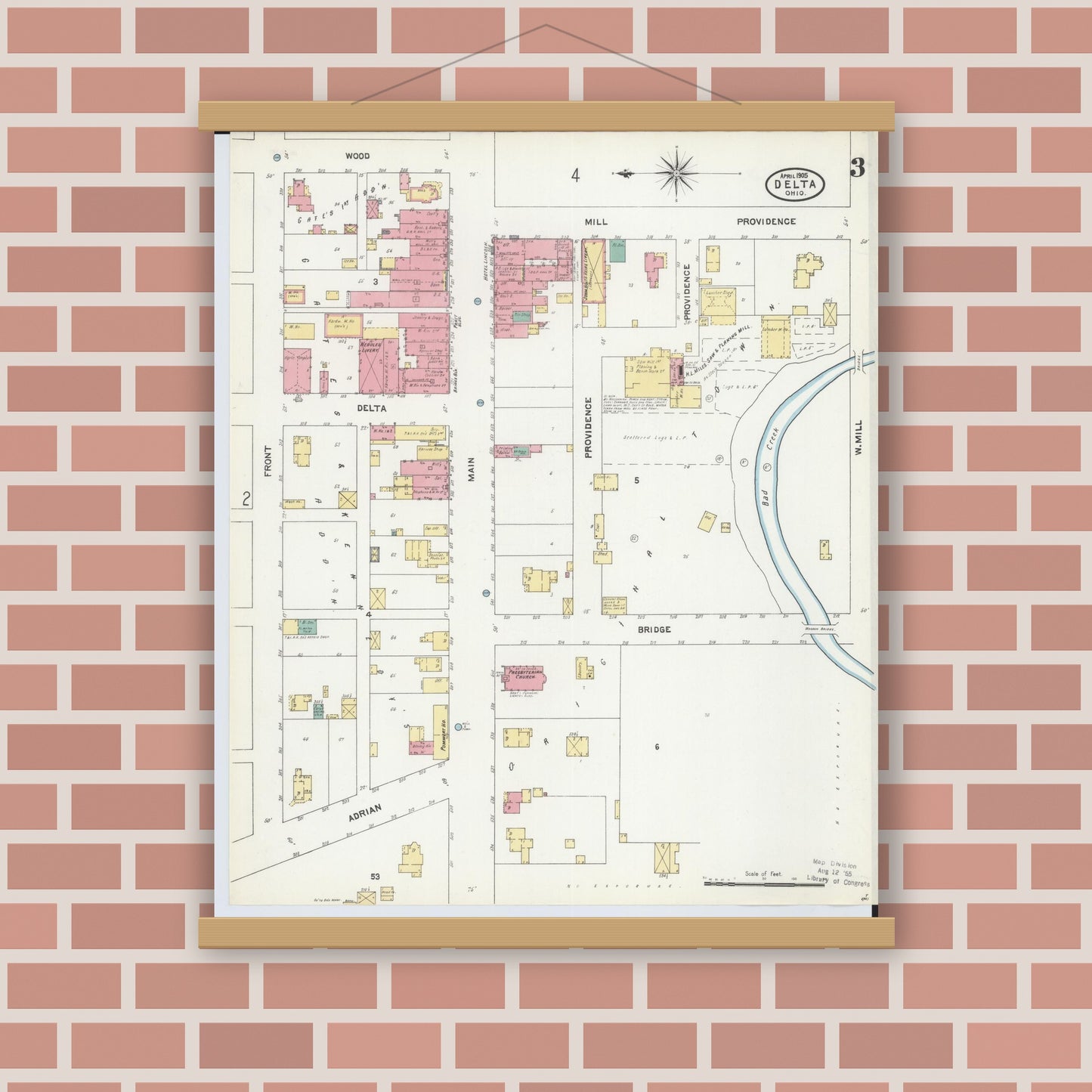 Old map wall art mockup — magnetic wood frame on brick wall — Sanborn Fire Insurance Map from Delta, Fulton County, Ohio (1905), Sheet #0003