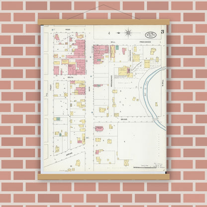 Old map wall art mockup — magnetic wood frame on brick wall — Sanborn Fire Insurance Map from Delta, Fulton County, Ohio (1905), Sheet #0003