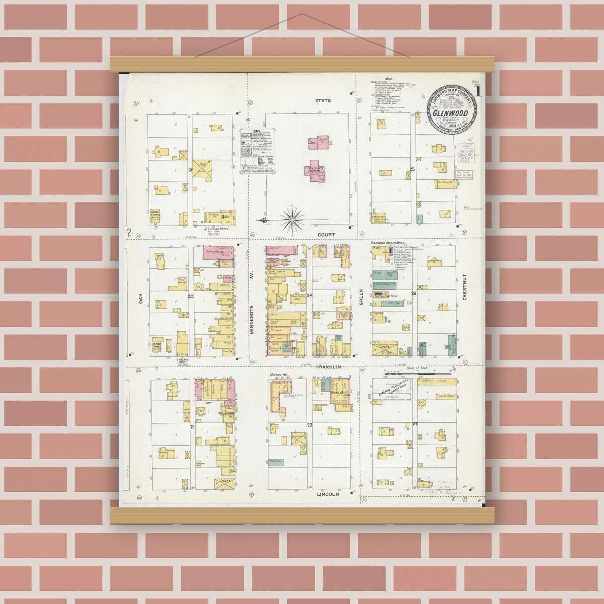 Old map wall art mockup — magnetic wood frame on brick wall — Sanborn Fire Insurance Map from Glenwood, Pope County, Minnesota (1903), Sheet #0001