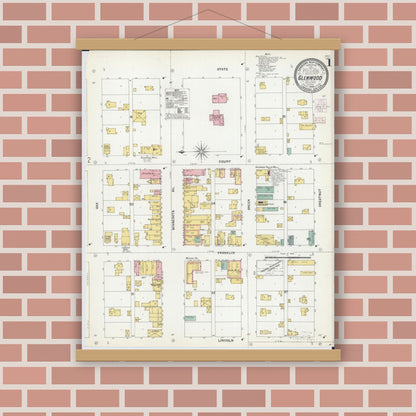 Old map wall art mockup — magnetic wood frame on brick wall — Sanborn Fire Insurance Map from Glenwood, Pope County, Minnesota (1903), Sheet #0001