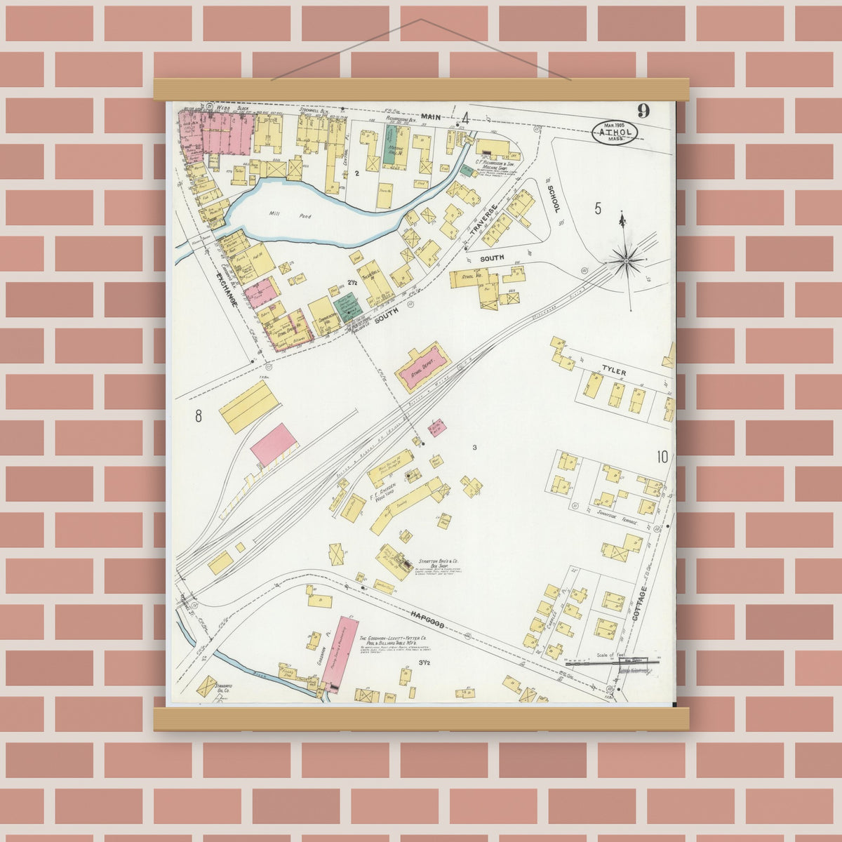 Old map wall art mockup — magnetic wood frame on brick wall — Sanborn Fire Insurance Map from Athol, Worcester County, Massachusetts (1905), Sheet #0009