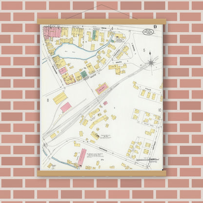 Old map wall art mockup — magnetic wood frame on brick wall — Sanborn Fire Insurance Map from Athol, Worcester County, Massachusetts (1905), Sheet #0009