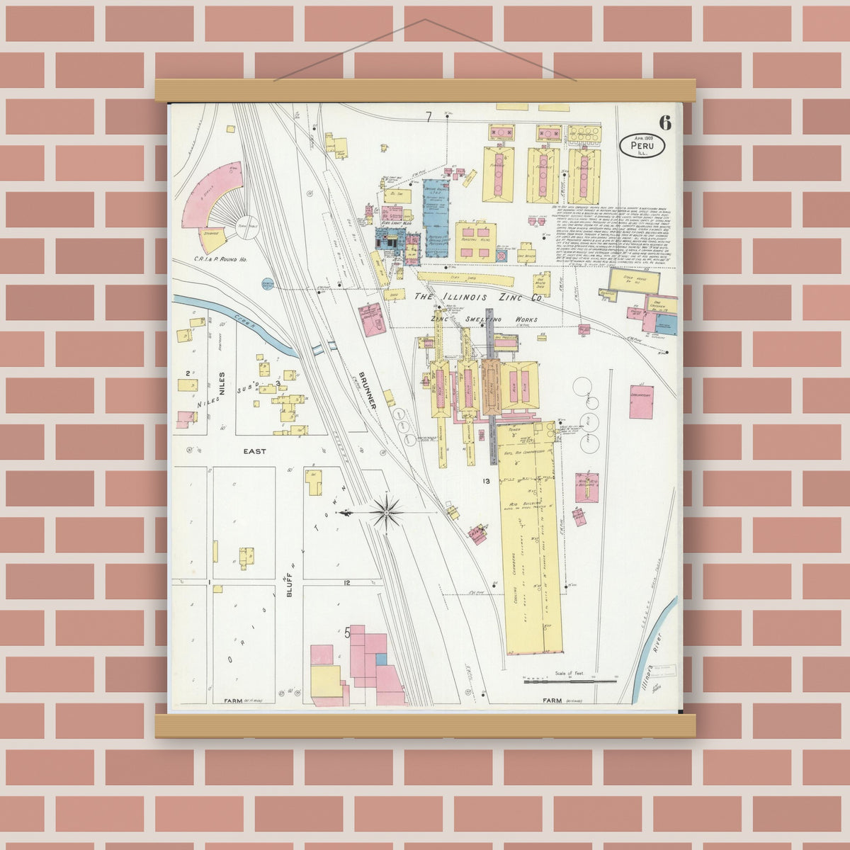 Old map wall art mockup — magnetic wood frame on brick wall — Sanborn Fire Insurance Map from Peru, La Salle County, Illinois (1909), Sheet #0006