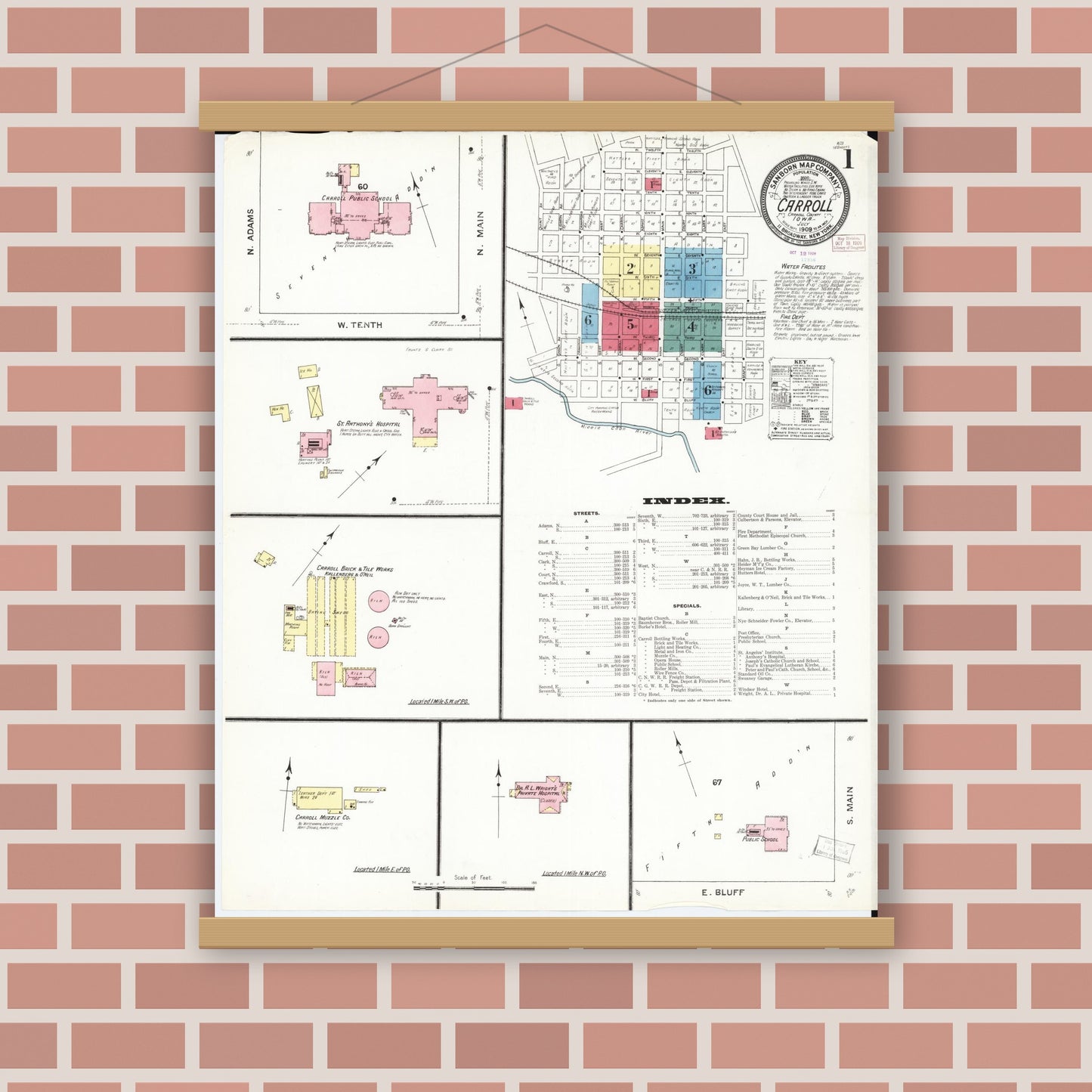 Old map wall art mockup — magnetic wood frame on brick wall — Sanborn Fire Insurance Map from Carroll, Carroll County, Iowa (1909) â€” Complete Set