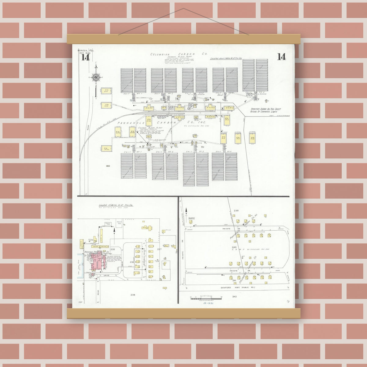Old map wall art mockup — magnetic wood frame on brick wall — Sanborn Fire Insurance Map from Borger, Hutchinson County, Texas (1940), Sheet #0014