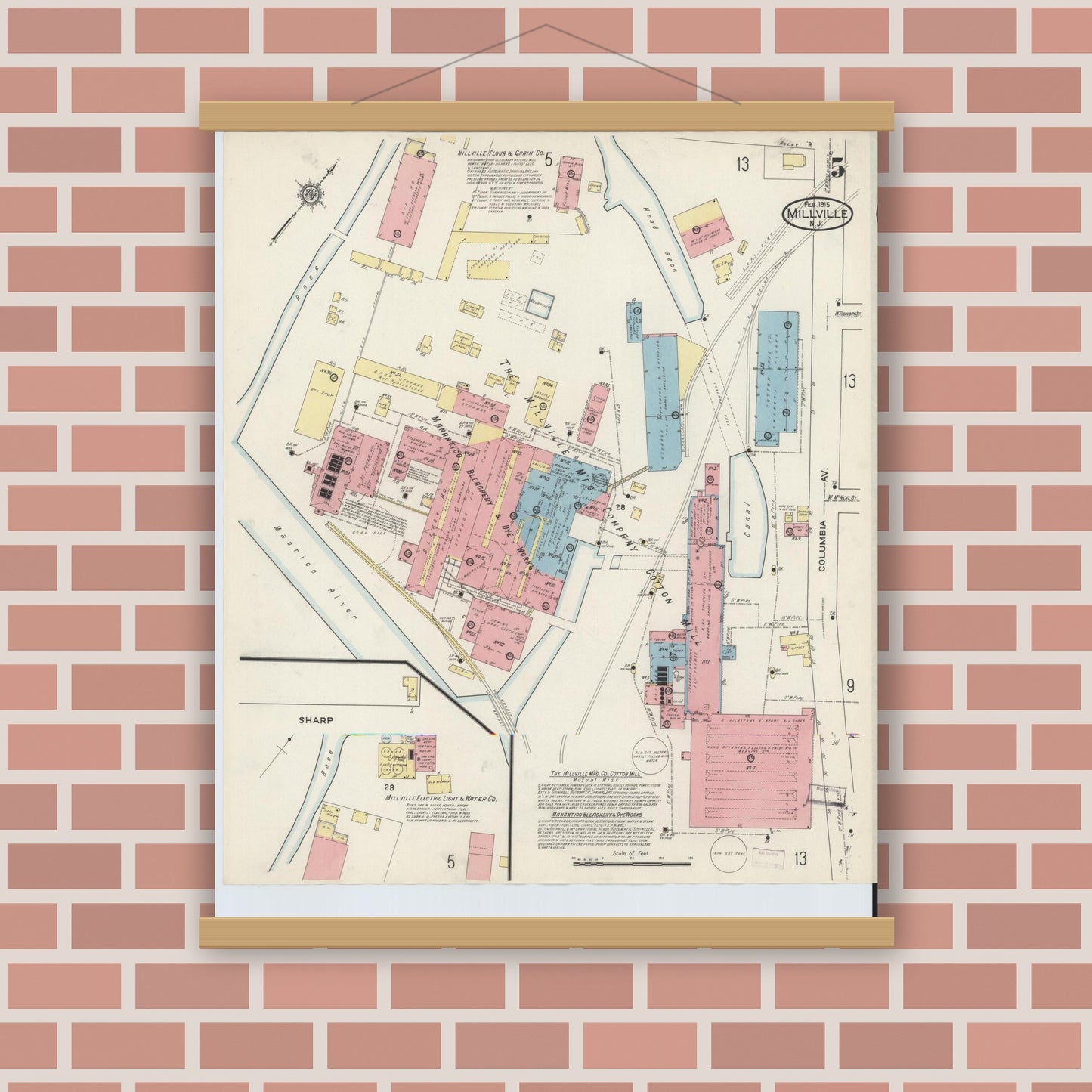 Old map wall art mockup — magnetic wood frame on brick wall — Sanborn Fire Insurance Map from Millville, Cumberland County, New Jersey (1915), Sheet #0005