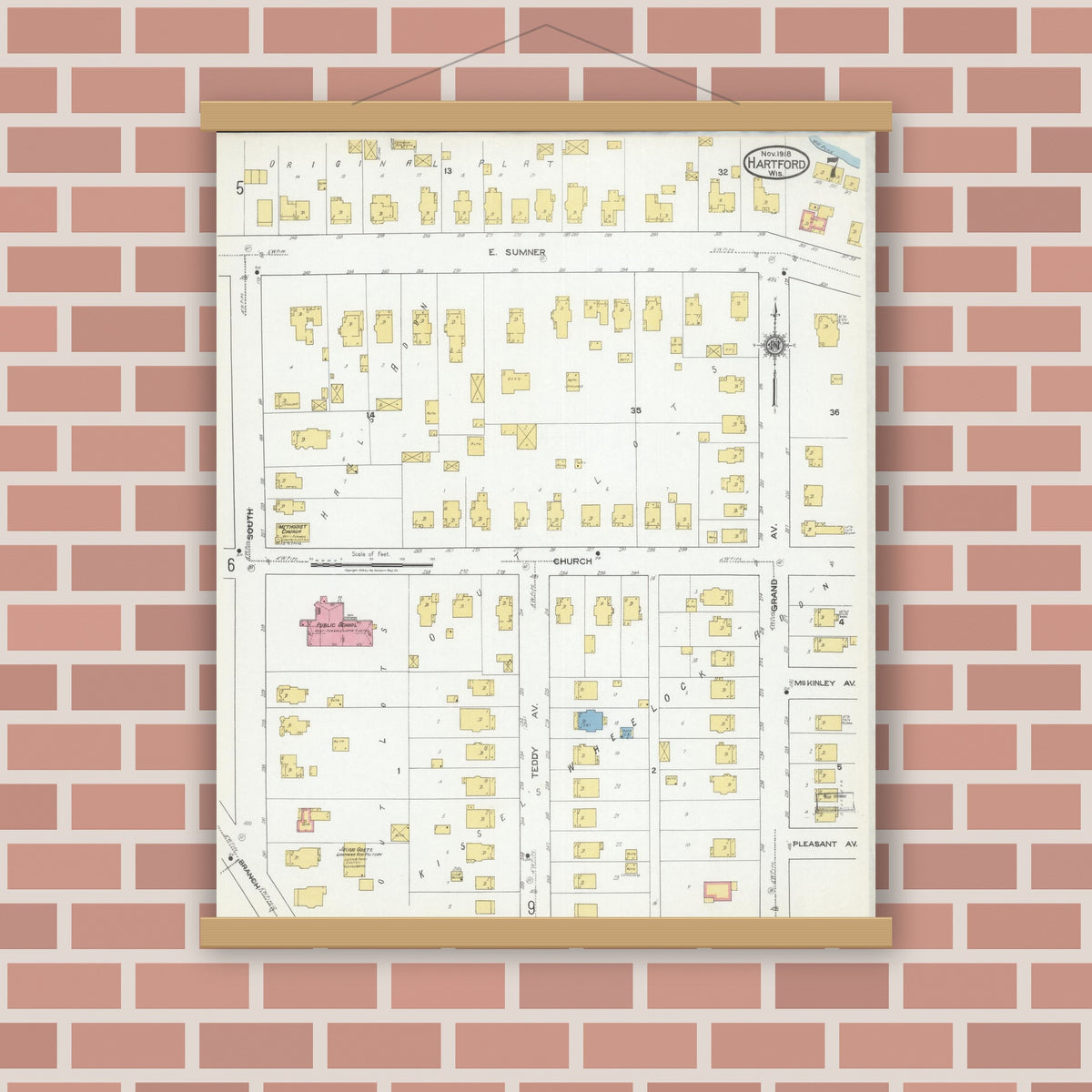 Old map wall art mockup — magnetic wood frame on brick wall — Sanborn Fire Insurance Map from Hartford, Washington County, Wisconsin (1918), Sheet #0007