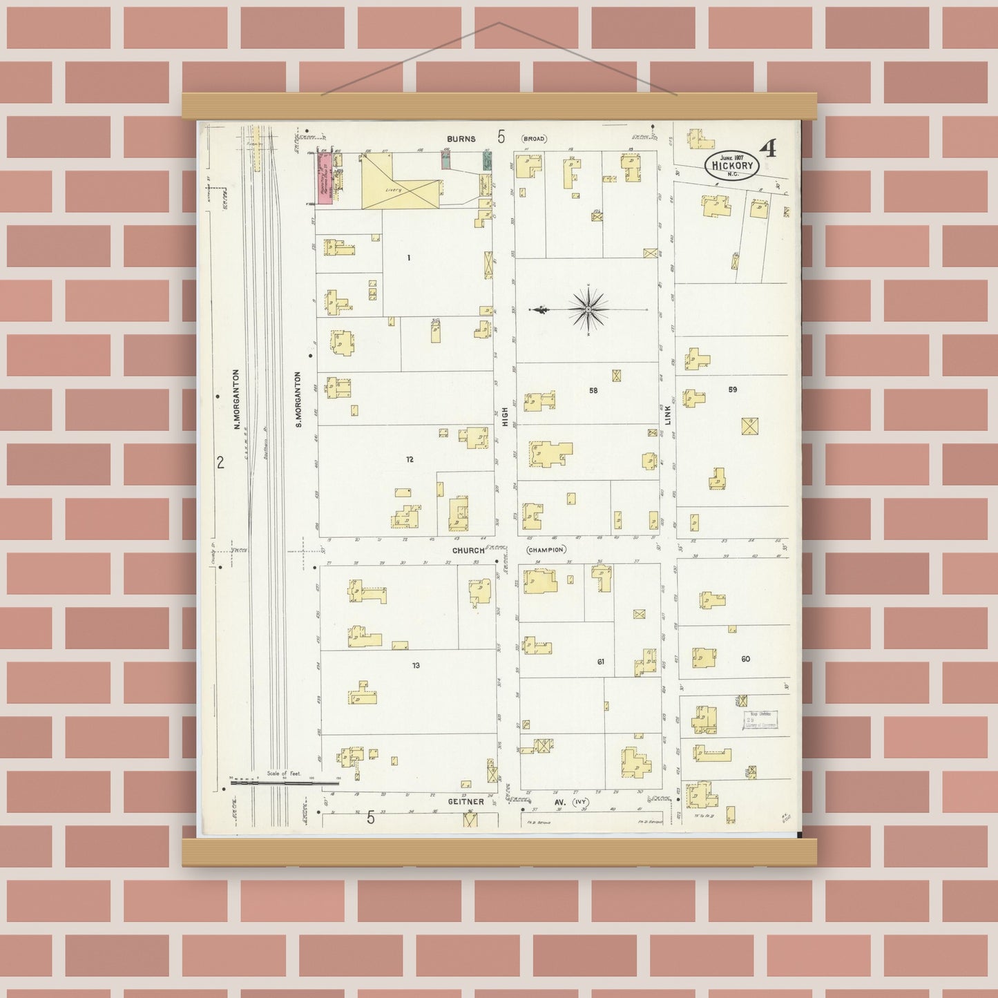 Old map wall art mockup — magnetic wood frame on brick wall — Sanborn Fire Insurance Map from Hickory, Catawba County, North Carolina (1907), Sheet #0004