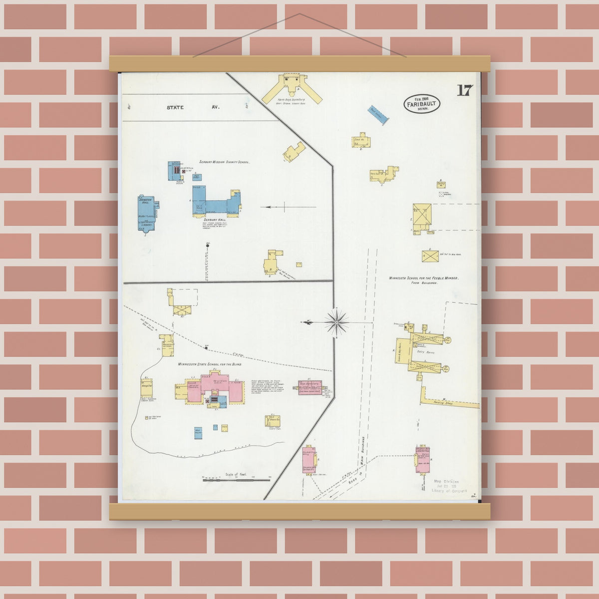 Old map wall art mockup — magnetic wood frame on brick wall — Sanborn Fire Insurance Map from Faribault, Rice County, Minnesota (1905), Sheet #0017