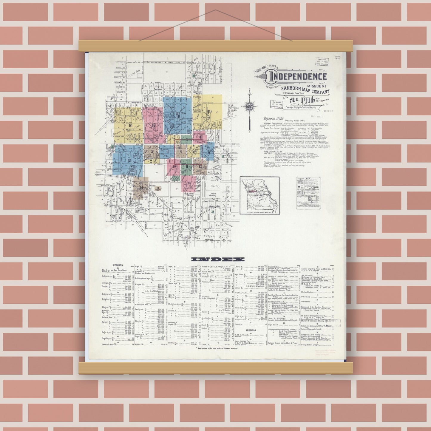 Old map wall art mockup — magnetic wood frame on brick wall — Sanborn Fire Insurance Map from Independence, Jackson County, Missouri (1916), Sheet #0001