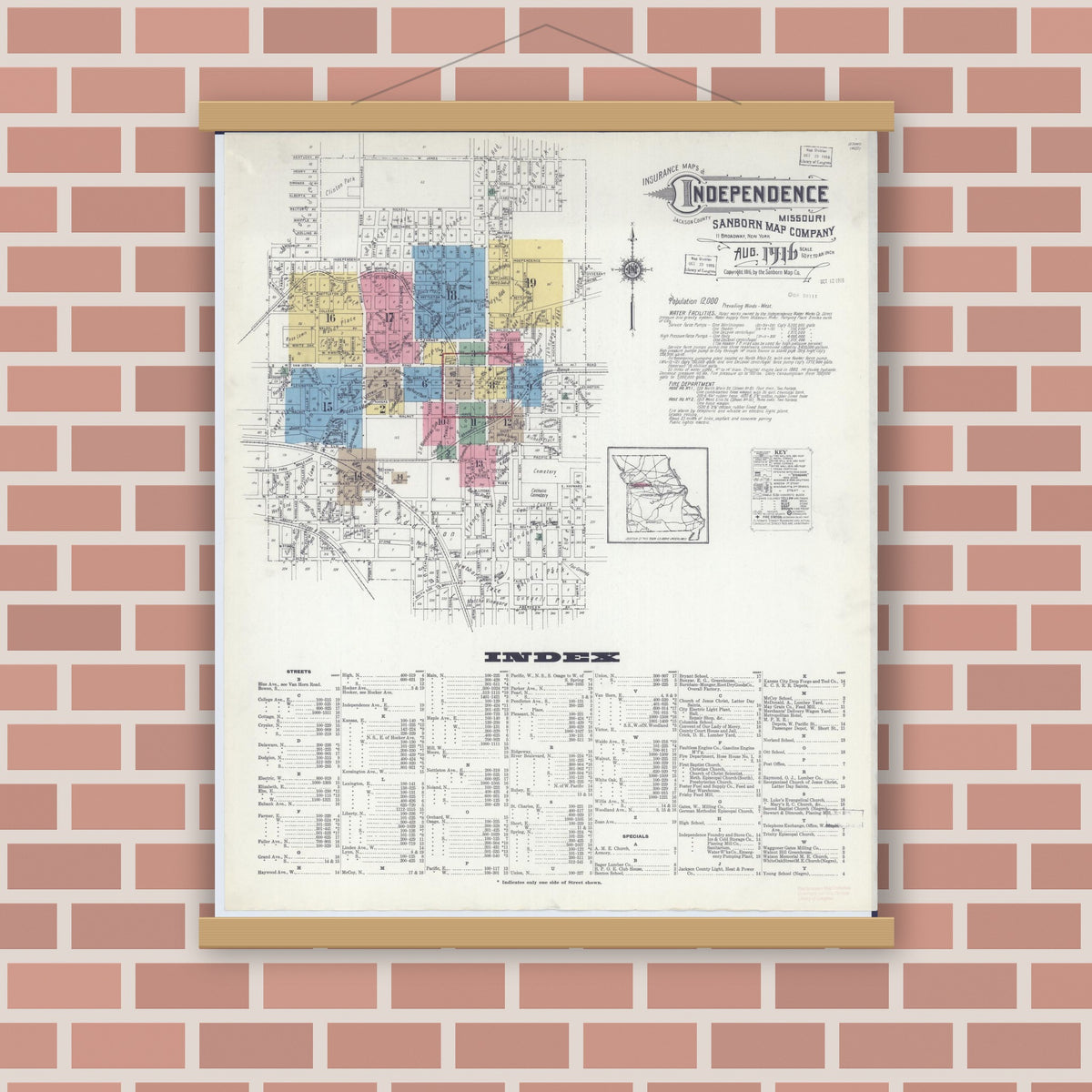 Old map wall art mockup — magnetic wood frame on brick wall — Sanborn Fire Insurance Map from Independence, Jackson County, Missouri (1916), Sheet #0001