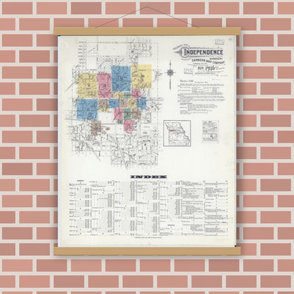 Old map wall art mockup — magnetic wood frame on brick wall — Sanborn Fire Insurance Map from Independence, Jackson County, Missouri (1916), Sheet #0001