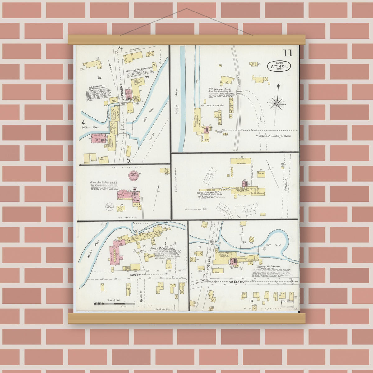 Old map wall art mockup — magnetic wood frame on brick wall — Sanborn Fire Insurance Map from Athol, Worcester County, Massachusetts (1896), Sheet #0011
