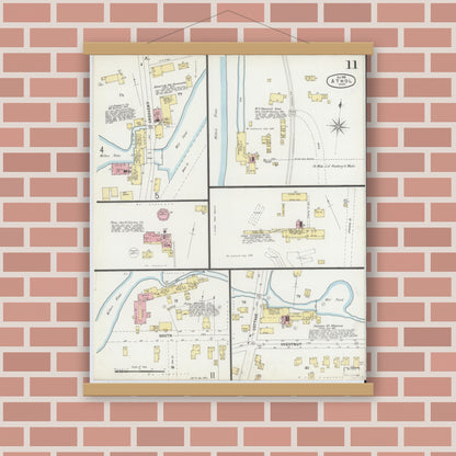 Old map wall art mockup — magnetic wood frame on brick wall — Sanborn Fire Insurance Map from Athol, Worcester County, Massachusetts (1896), Sheet #0011