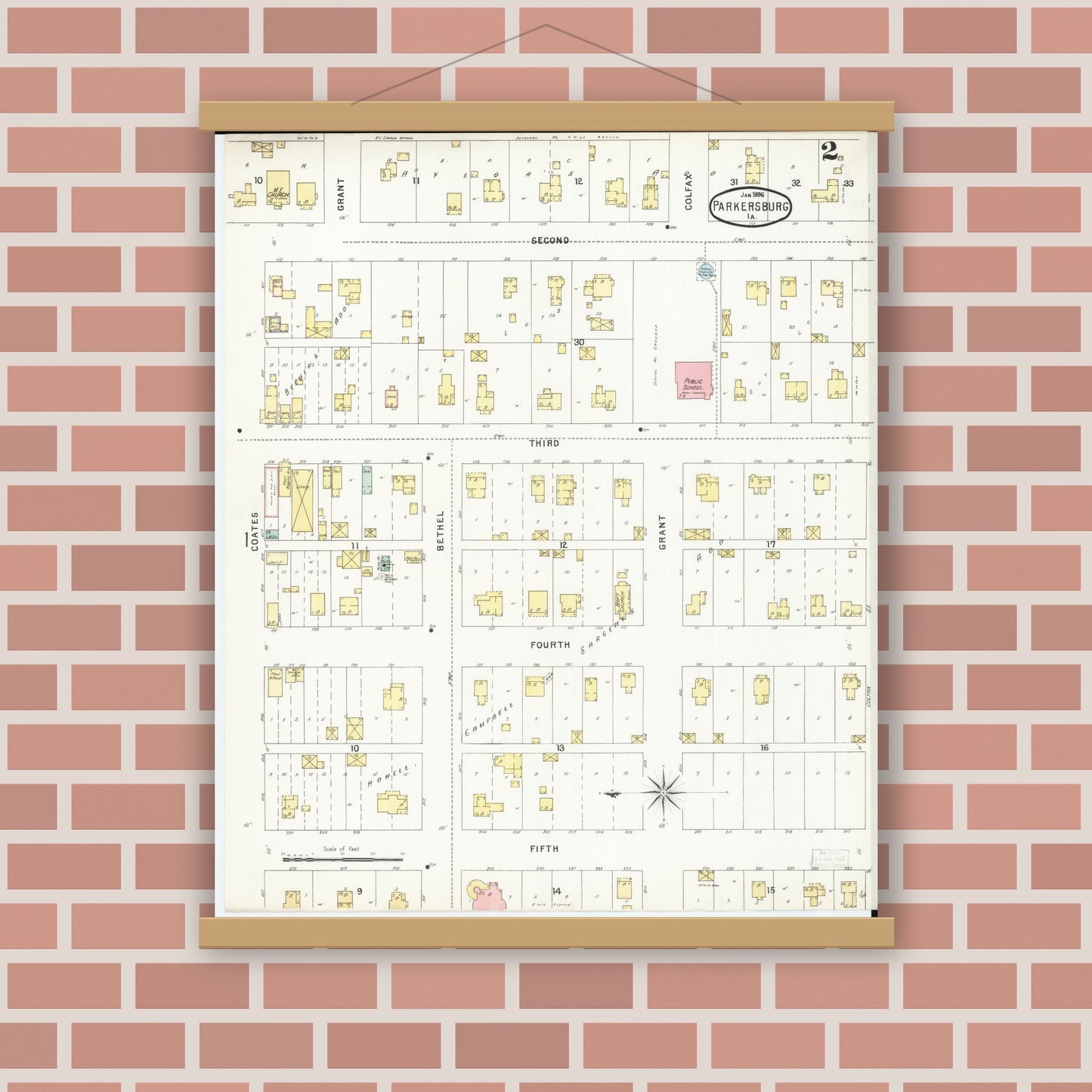 Old map wall art mockup — magnetic wood frame on brick wall — Sanborn Fire Insurance Map from Parkersburg, Butler County, Iowa (1896), Sheet #0002
