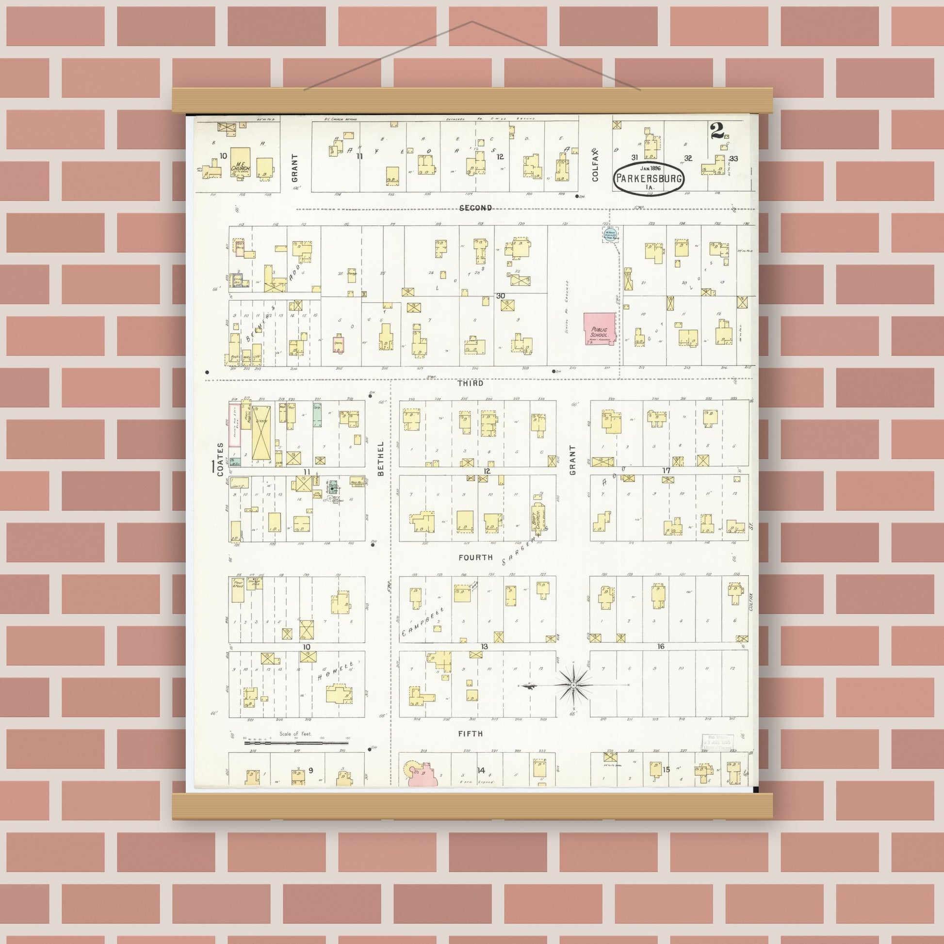 Old map wall art mockup — magnetic wood frame on brick wall — Sanborn Fire Insurance Map from Parkersburg, Butler County, Iowa (1896), Sheet #0002